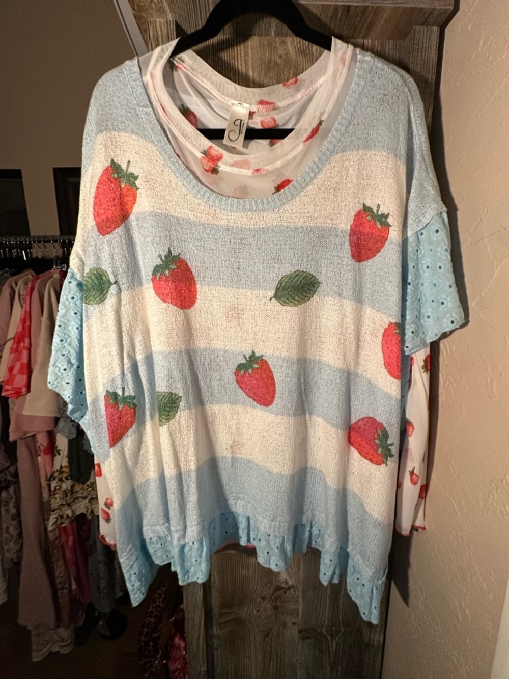 POL Light Blue & White Strawberry Knit Short Sleeve Top